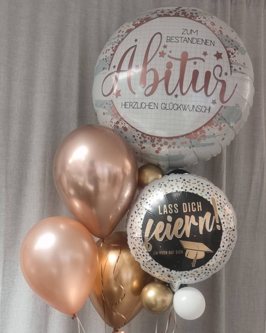 Folienballons „Zum bestandenen Abitur“ und „Lass dich feiern“ mit Ballons in Roségold, Gold und Weiß