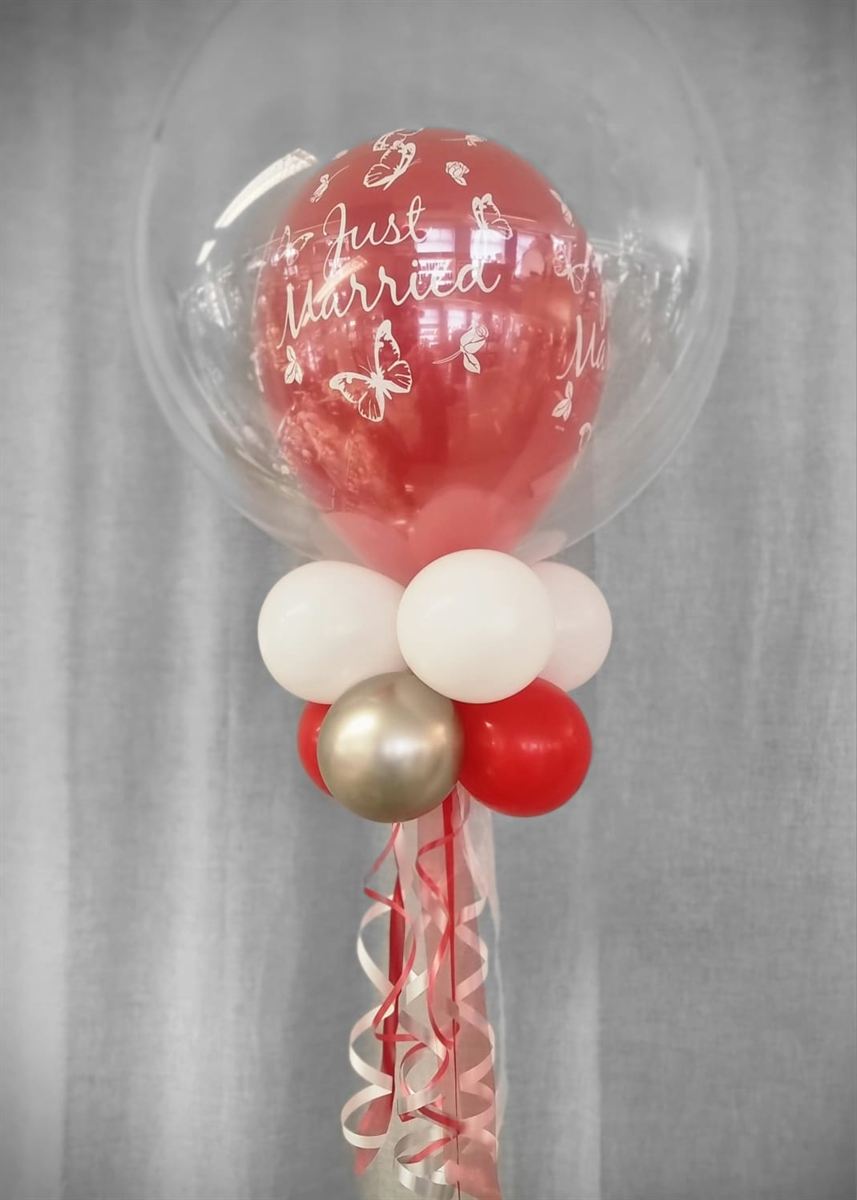 Deco Bubble Ballon Just Married in Rot, Weiß und Gold